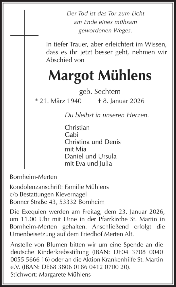  Traueranzeige für Margot Mühlens vom 16.01.2026 aus  Schaufenster/Blickpunkt 