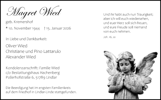 Anzeige von Margret Wied von Kölner Stadt-Anzeiger / Kölnische Rundschau / Express