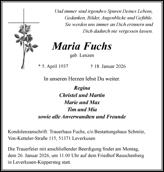 Anzeige von Maria Fuchs von Kölner Stadt-Anzeiger / Kölnische Rundschau / Express