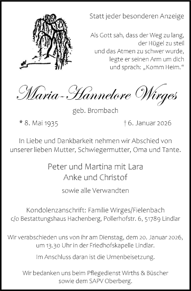  Traueranzeige für Maria-Hannelore Wirges vom 16.01.2026 aus  Anzeigen Echo 
