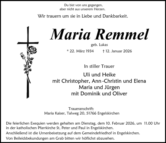 Anzeige von Maria Remmel von  Anzeigen Echo 