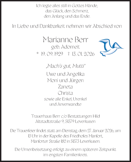 Anzeige von Marianne Berr von Kölner Stadt-Anzeiger / Kölnische Rundschau / Express