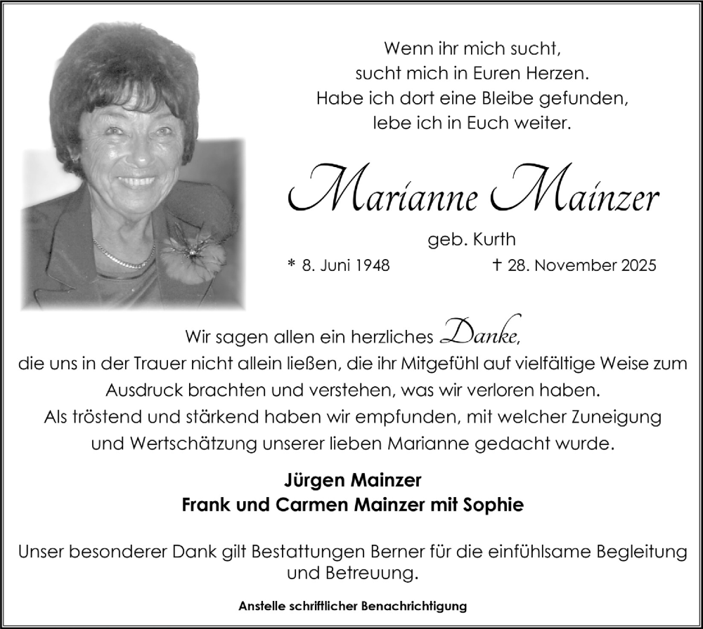  Traueranzeige für Marianne Mainzer vom 16.01.2026 aus  Schlossbote/Werbekurier 