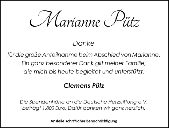 Anzeige von Marianne Pütz von Kölner Stadt-Anzeiger / Kölnische Rundschau / Express