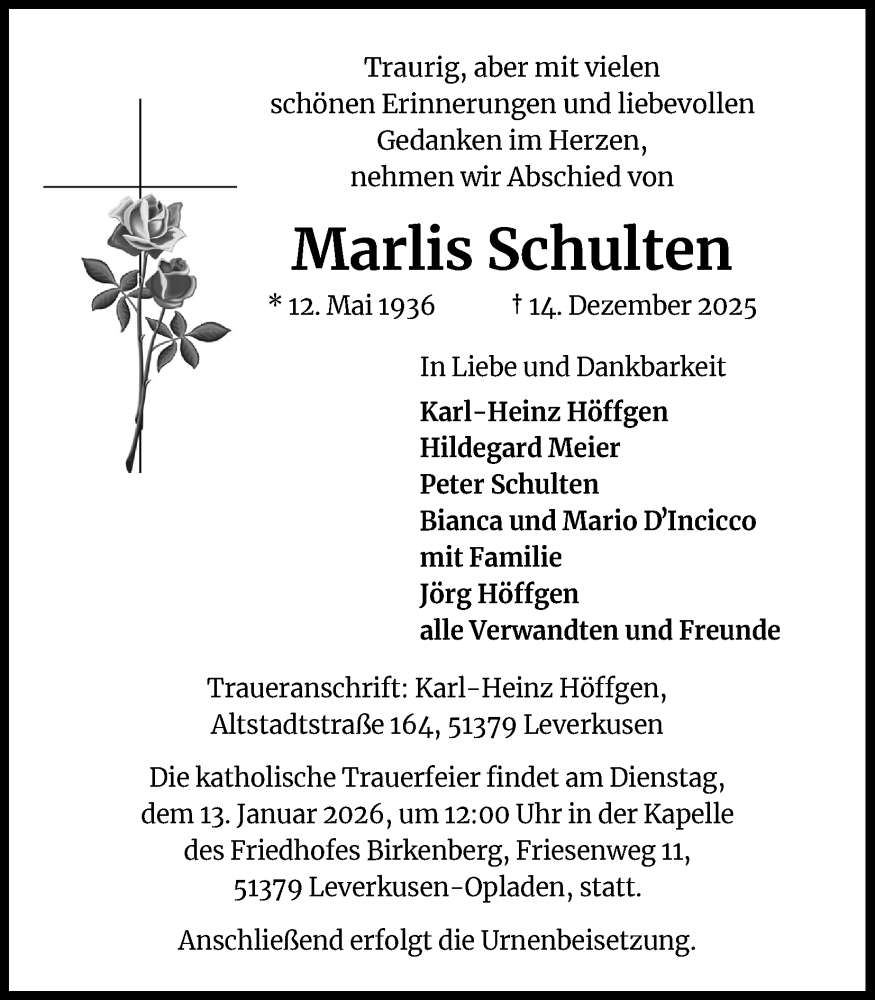  Traueranzeige für Marlis Schulten vom 03.01.2026 aus Kölner Stadt-Anzeiger / Kölnische Rundschau / Express