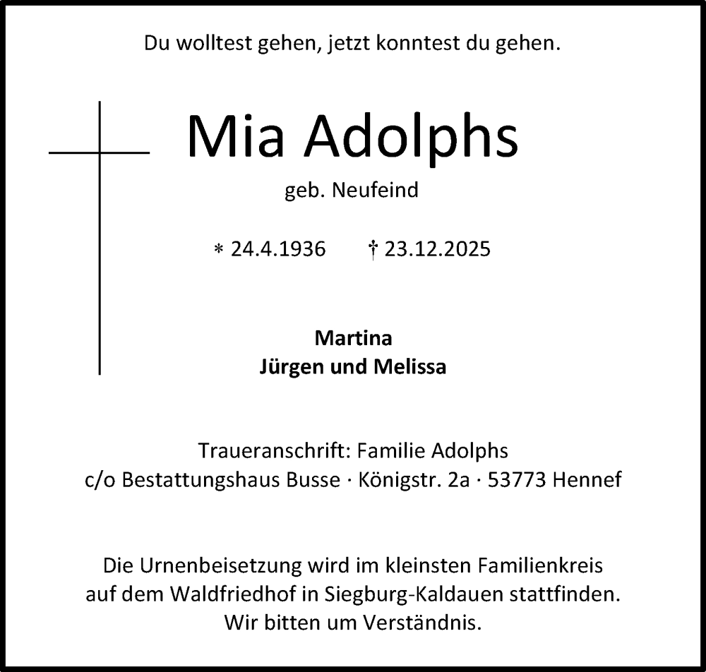  Traueranzeige für Mia Adolphs vom 10.01.2026 aus Kölner Stadt-Anzeiger / Kölnische Rundschau / Express