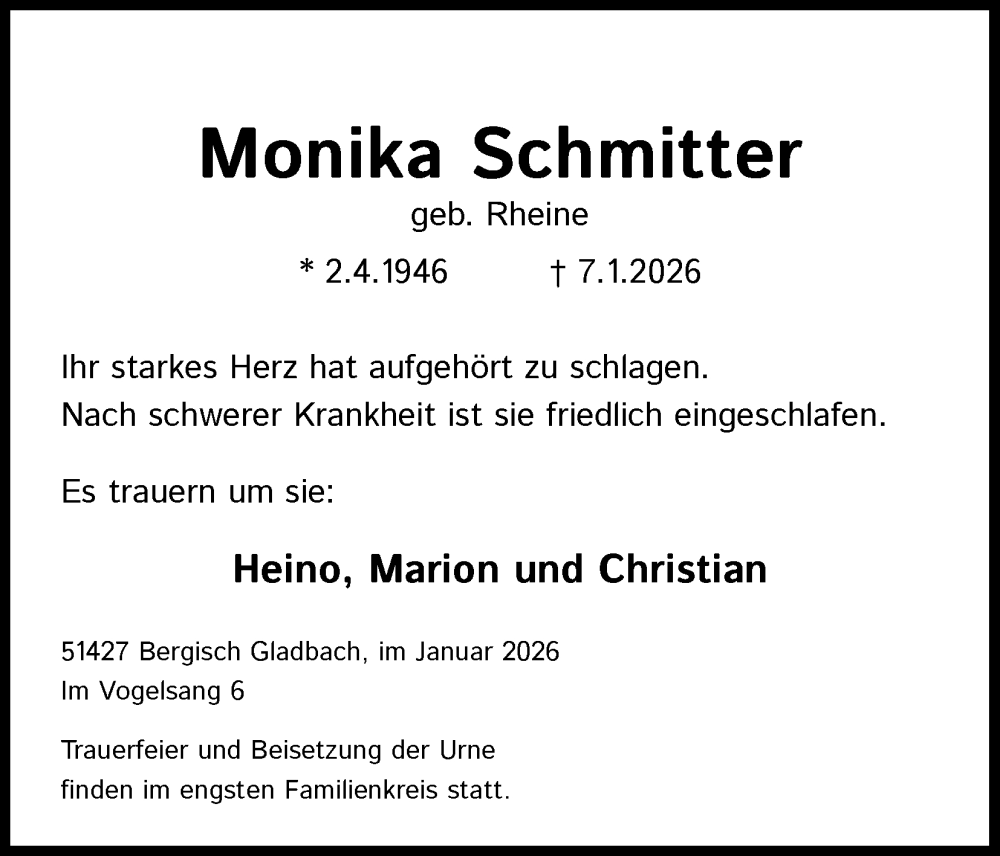  Traueranzeige für Monika Schmitter vom 17.01.2026 aus Kölner Stadt-Anzeiger / Kölnische Rundschau / Express