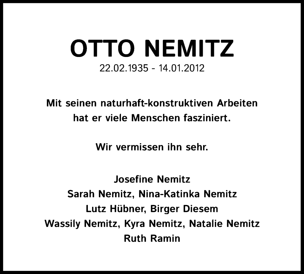  Traueranzeige für Otto Nemitz vom 10.01.2026 aus Kölner Stadt-Anzeiger / Kölnische Rundschau / Express