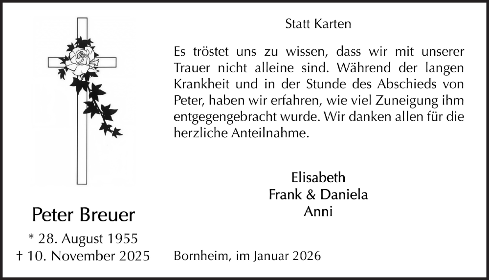  Traueranzeige für Peter Breuer vom 16.01.2026 aus  Schlossbote/Werbekurier  Schaufenster/Blickpunkt 