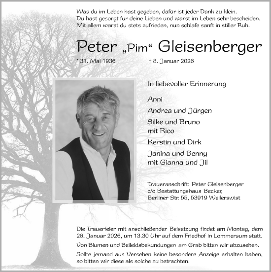 Anzeige von Peter Gleisenberger von  Blickpunkt Euskirchen 