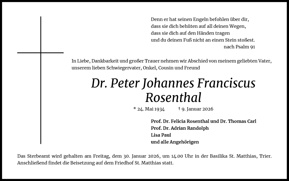  Traueranzeige für Peter Johannes Franciscus Rosenthal vom 17.01.2026 aus Kölner Stadt-Anzeiger / Kölnische Rundschau / Express