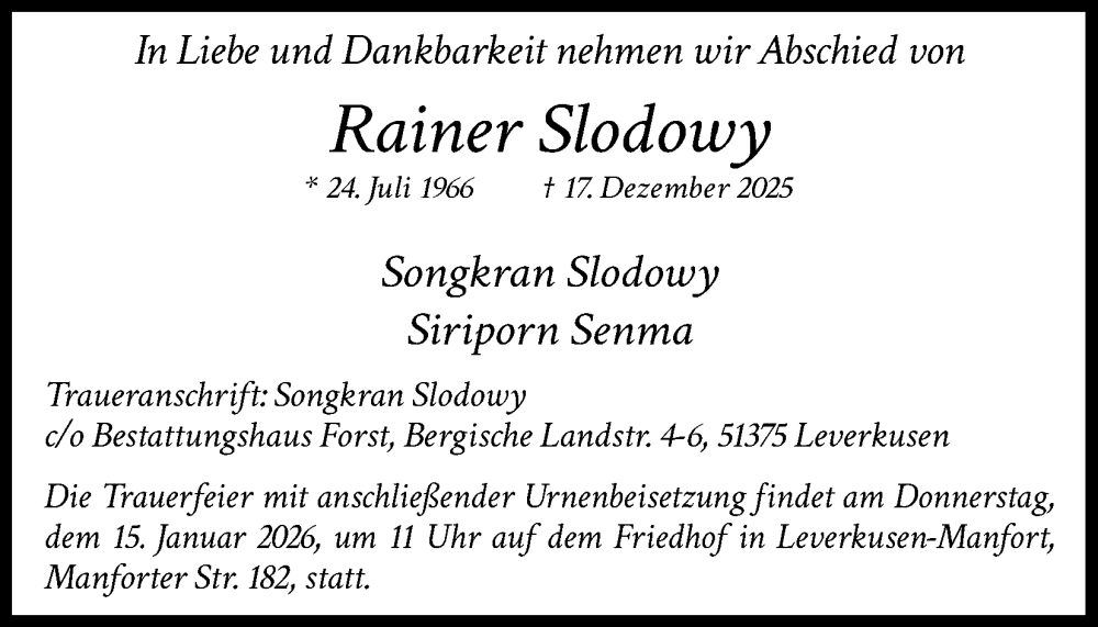  Traueranzeige für Rainer Slodowy vom 10.01.2026 aus Kölner Stadt-Anzeiger / Kölnische Rundschau / Express