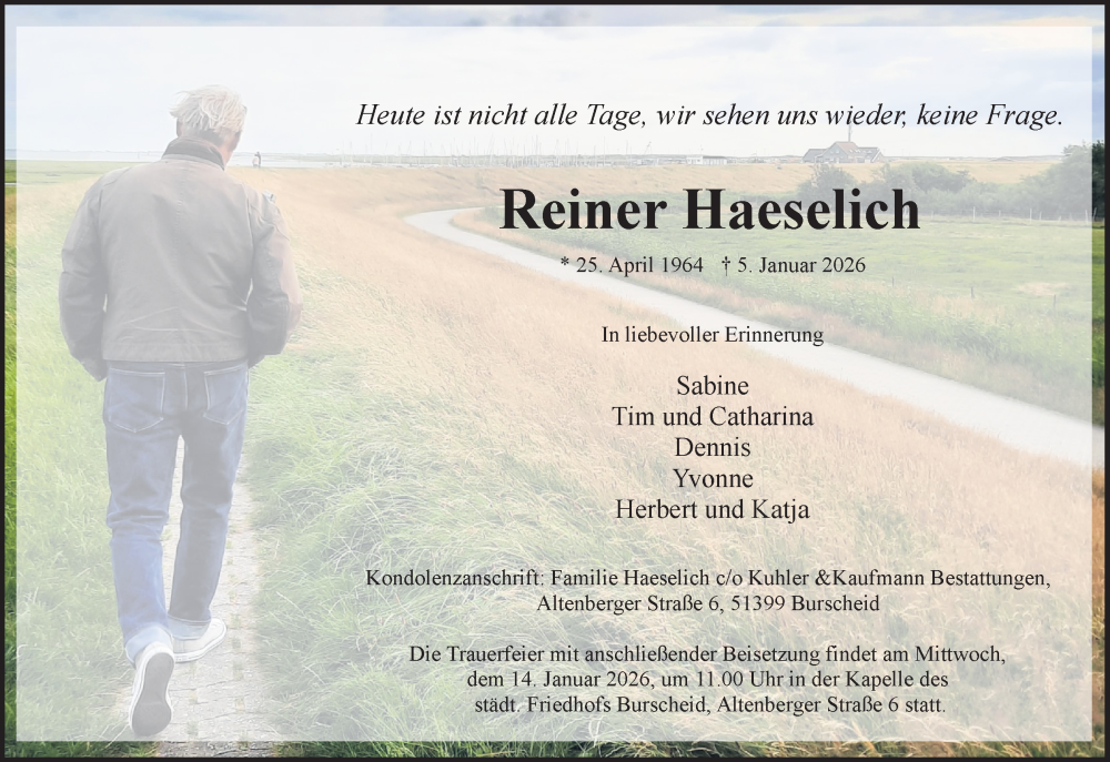  Traueranzeige für Reiner Haeselich vom 10.01.2026 aus Kölner Stadt-Anzeiger / Kölnische Rundschau / Express
