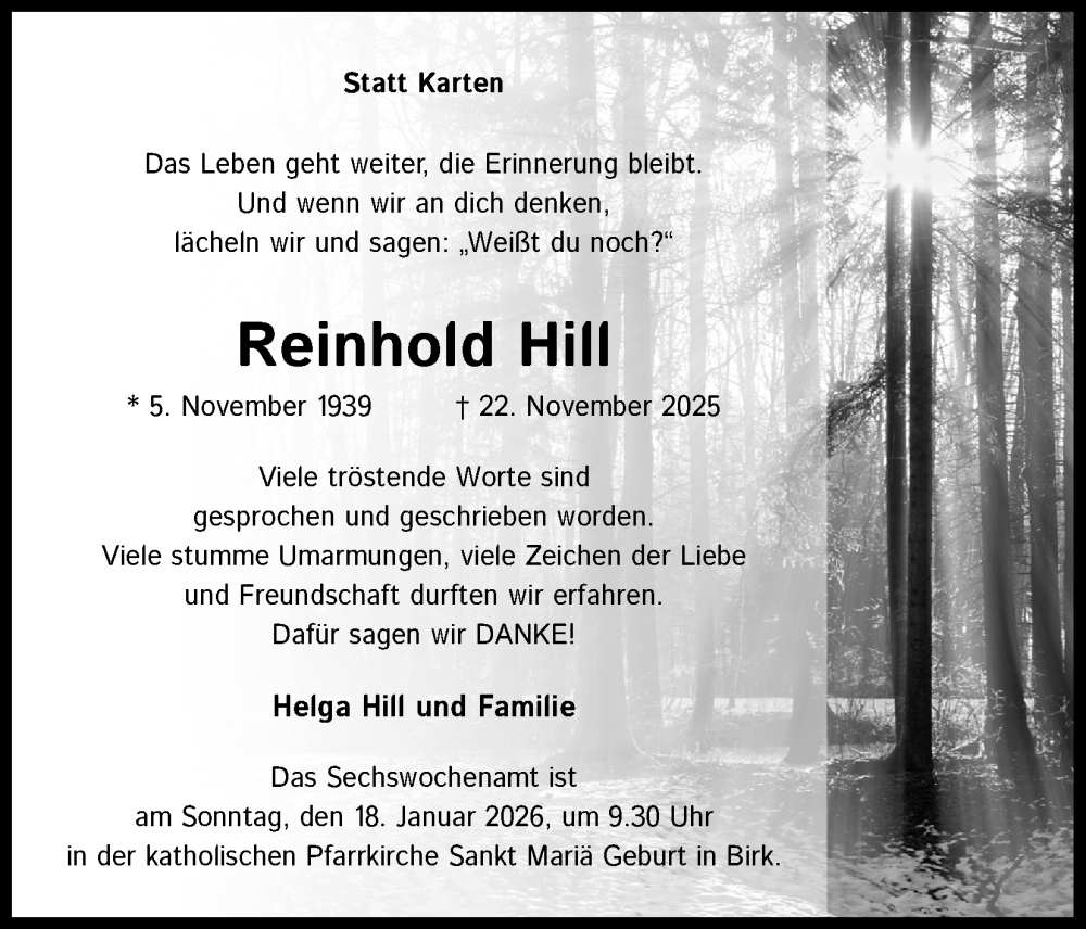  Traueranzeige für Reinhold Hill vom 10.01.2026 aus Kölner Stadt-Anzeiger / Kölnische Rundschau / Express