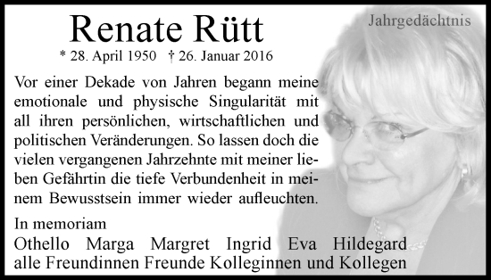 Anzeige von Renate Rütt von Kölner Stadt-Anzeiger / Kölnische Rundschau / Express