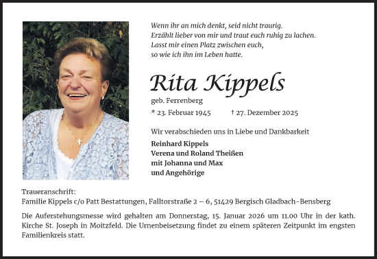 Anzeige von Rita Kippels von Kölner Stadt-Anzeiger / Kölnische Rundschau / Express
