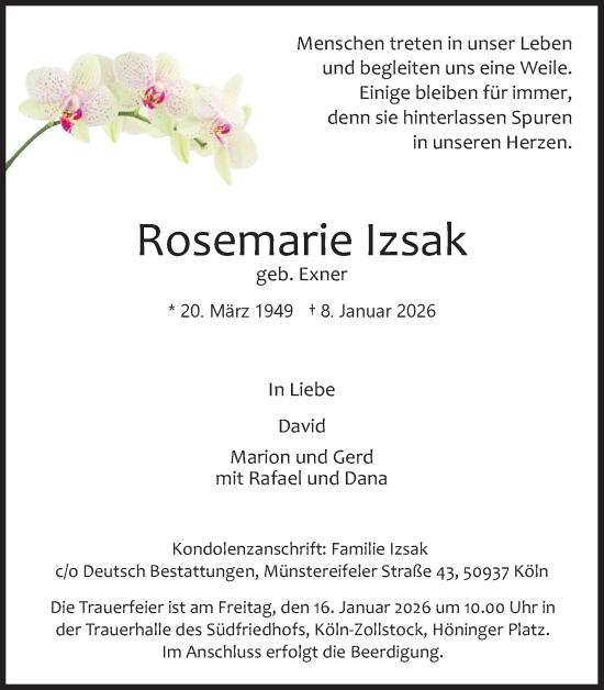 Anzeige von Rosemarie Izsak von Kölner Stadt-Anzeiger / Kölnische Rundschau / Express