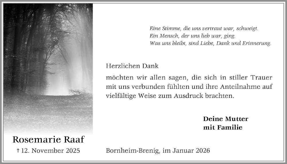  Traueranzeige für Rosemarie Raaf vom 02.01.2026 aus  Schaufenster/Blickpunkt 