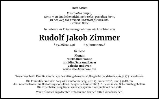 Anzeige von Rudolf Jakob Zimmer von Kölner Stadt-Anzeiger / Kölnische Rundschau / Express