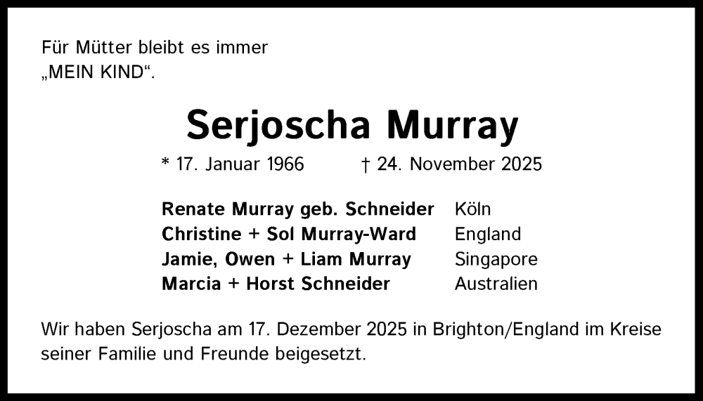  Traueranzeige für Serjoscha Murray vom 17.01.2026 aus Kölner Stadt-Anzeiger / Kölnische Rundschau / Express