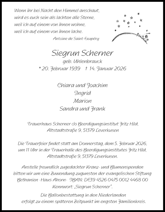 Anzeige von Siegrun Scherner von Kölner Stadt-Anzeiger / Kölnische Rundschau / Express