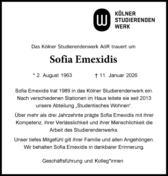 Anzeige von Sofia Emexidis von Kölner Stadt-Anzeiger / Kölnische Rundschau / Express