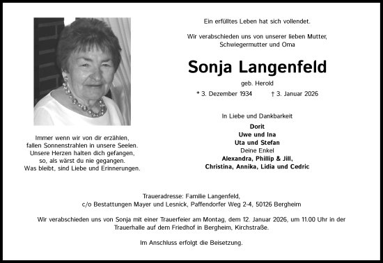 Anzeige von Sonja Langenfeld von Kölner Stadt-Anzeiger / Kölnische Rundschau / Express