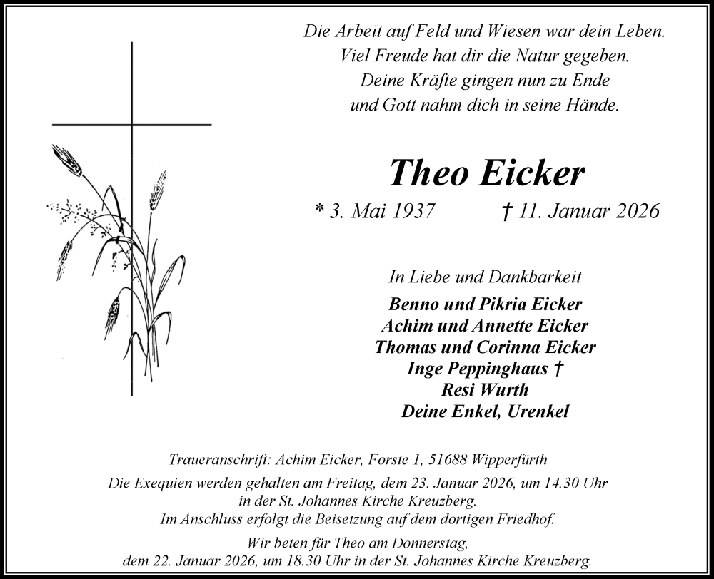  Traueranzeige für Theo Eicker vom 17.01.2026 aus Kölner Stadt-Anzeiger / Kölnische Rundschau / Express