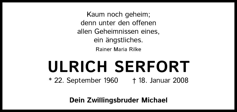  Traueranzeige für Ulrich Serfort vom 17.01.2026 aus Kölner Stadt-Anzeiger / Kölnische Rundschau / Express