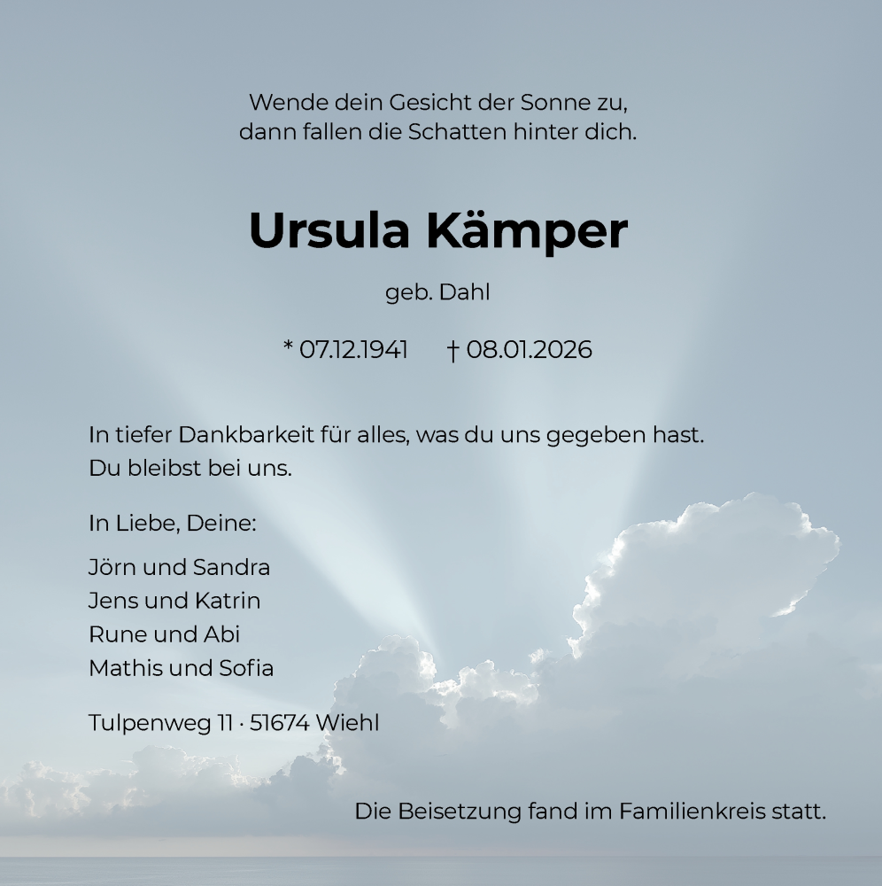  Traueranzeige für Ursula Kämper vom 16.01.2026 aus  Anzeigen Echo 
