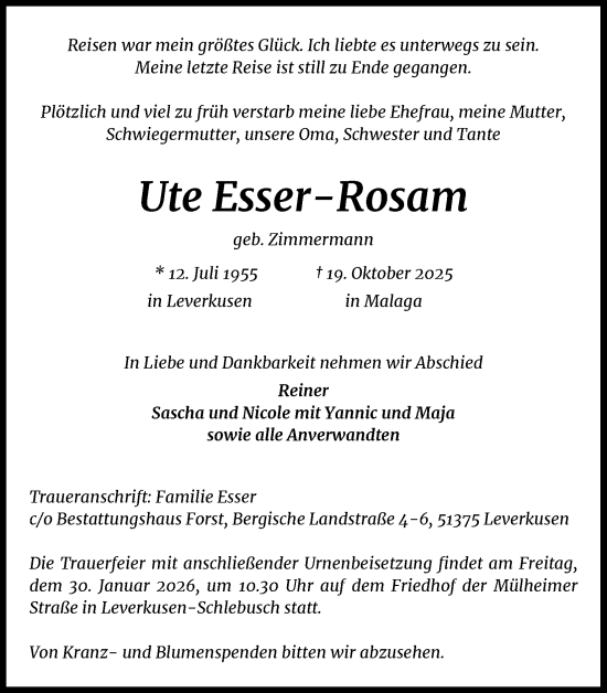 Anzeige von Ute Esser-Rosam von Kölner Stadt-Anzeiger / Kölnische Rundschau / Express
