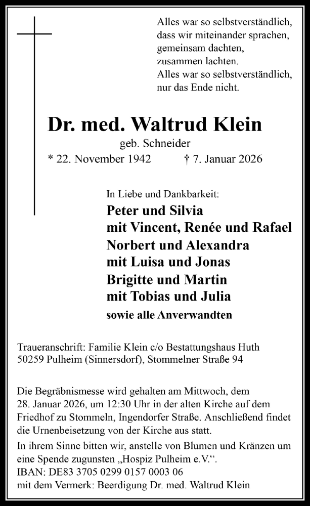  Traueranzeige für Waltrud Klein vom 16.01.2026 aus  Wochenende 