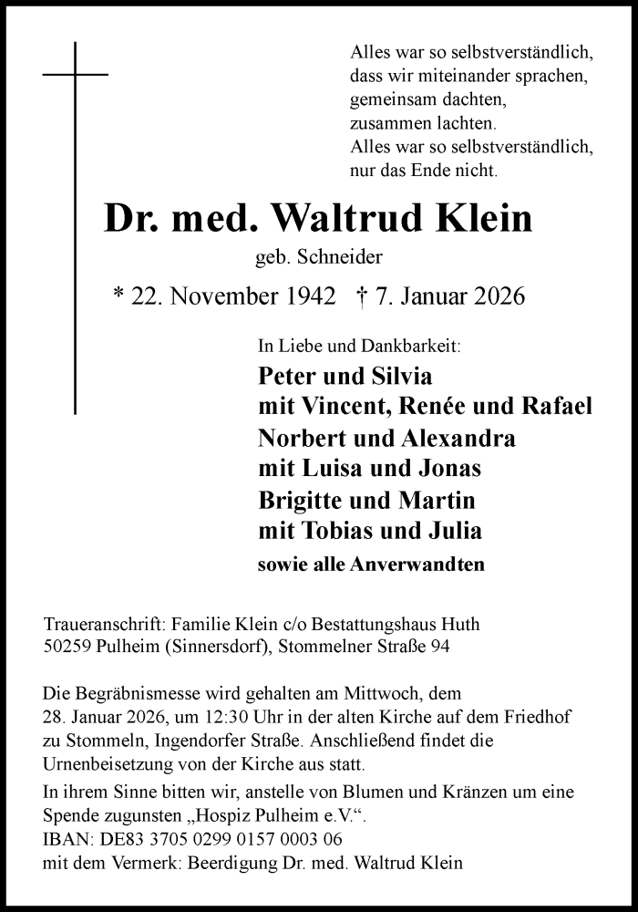  Traueranzeige für Waltrud Klein vom 17.01.2026 aus Kölner Stadt-Anzeiger / Kölnische Rundschau / Express