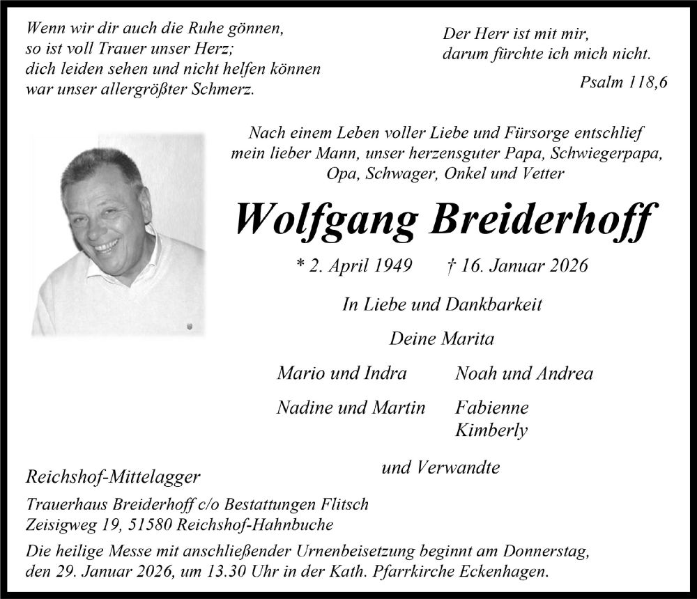  Traueranzeige für Wolfgang Breiderhoff vom 23.01.2026 aus  Anzeigen Echo 