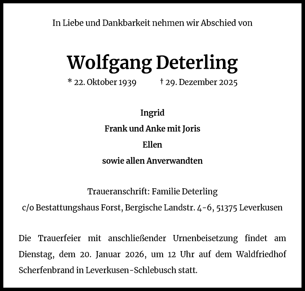  Traueranzeige für Wolfgang Deterling vom 10.01.2026 aus Kölner Stadt-Anzeiger / Kölnische Rundschau / Express